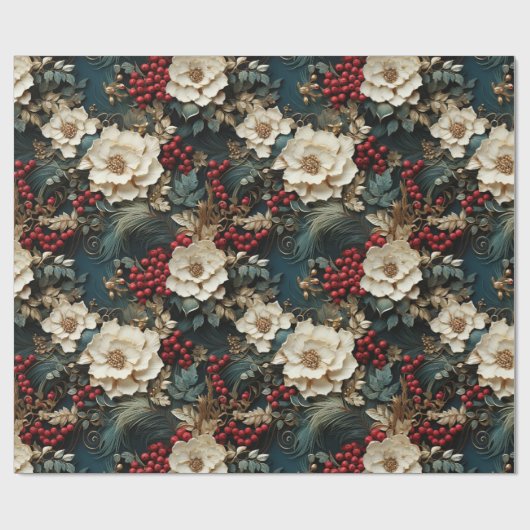  Rustieke winterrode bessen bloemenkerst Cadeaupapier (Vlak)