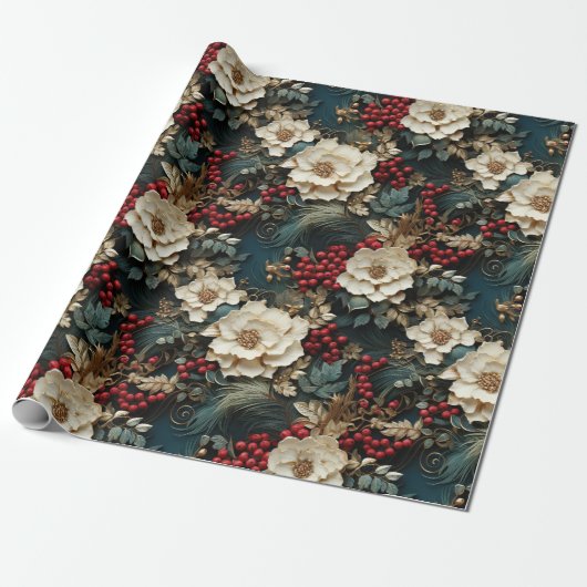  Rustieke winterrode bessen bloemenkerst Cadeaupapier (Uitgerold)