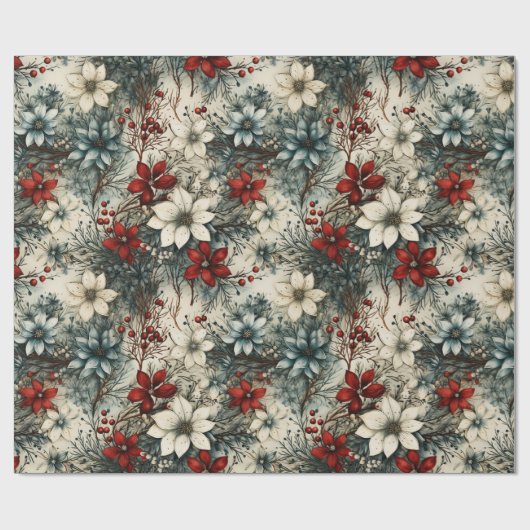  Rustieke winterrode botanische kerst Cadeaupapier (Vlak)