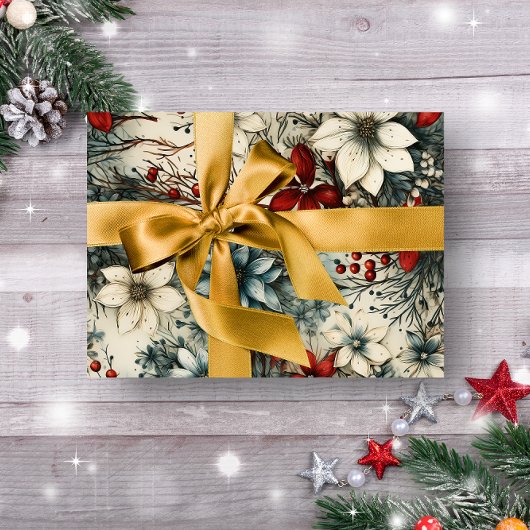  Rustieke winterrode botanische kerst Cadeaupapier