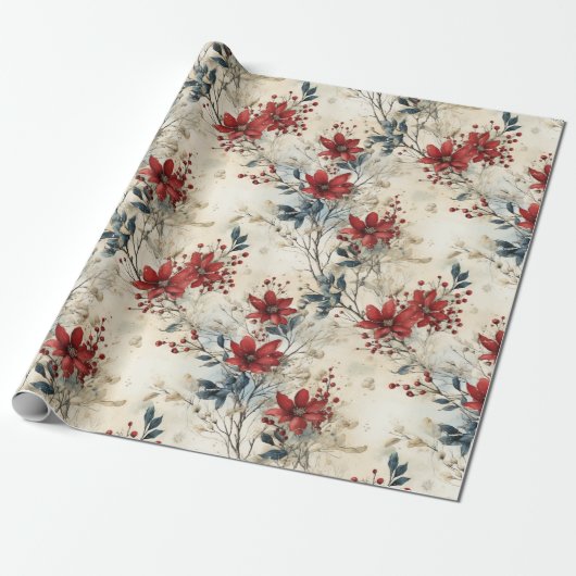 Rustieke winterrode botanische kerst Cadeaupapier (Uitgerold)
