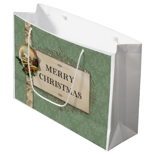Rustieke winterscène op groene damast groot cadeauzakje (Voorkant Gekanteld)