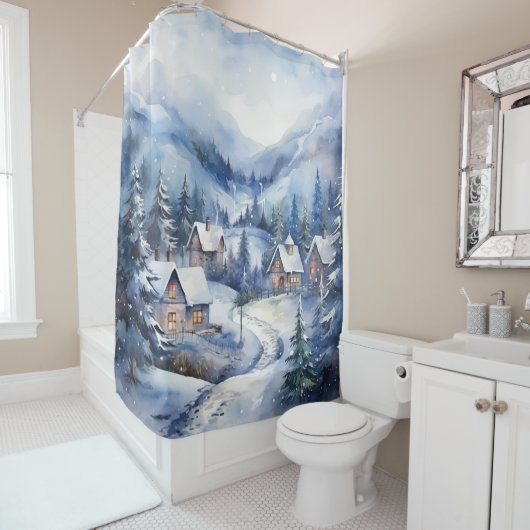 Rustieke  winterscène Snow Chimney Smoke Douchegordijn (In situ)