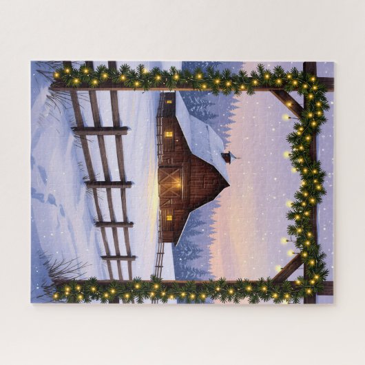 Rustieke winterschuur bij zonsondergang legpuzzel (Horizontaal)