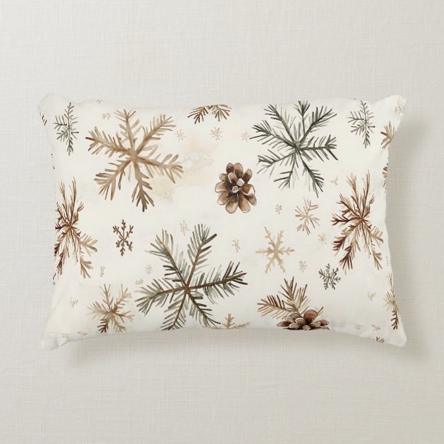 Rustieke wintersneeuwvlokken en pinecones accent kussen (Voorkant)