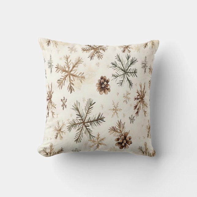 Rustieke wintersneeuwvlokken en pinecones kussen (Voorkant)