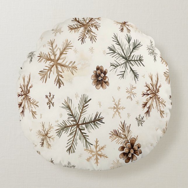 Rustieke wintersneeuwvlokken en pinecones rond kussen (Voorkant)