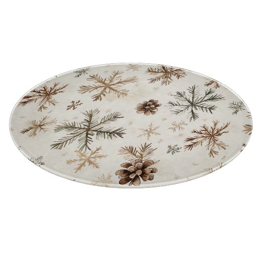 Rustieke wintersneeuwvlokken en pinecones snijplank (Hoek)