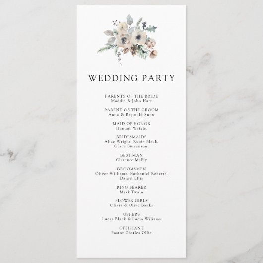 Rustieke wintertuin Eenvoudige dennen bloemenbruil Programmakaart (Achterkant)