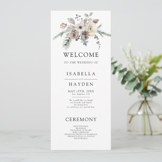 Rustieke wintertuin Eenvoudige dennen bloemenbruil Programmakaart (Staand voorkant)