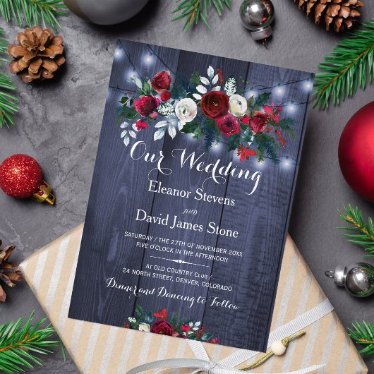 Rustieke winterverlichting bordeaux bloemenbruilof kaart