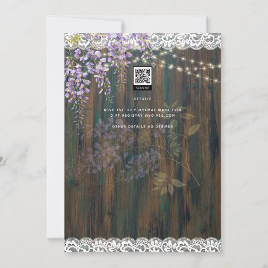 Rustieke Wisteria Houten Print of Digitale Huwelij Kaart (Achterkant)