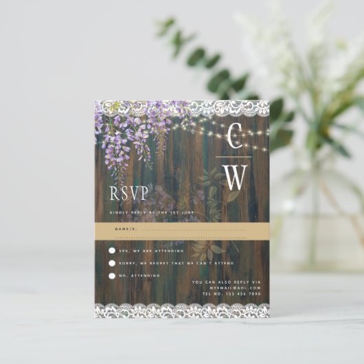Rustieke Wisteria Kant Lichten Houten Trouw RSVP (Staand voorkant)