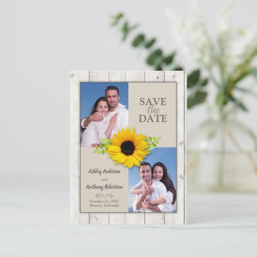 Rustieke Wit Gewassen Zonnebloem Foto Save the Dat Briefkaart (Staand voorkant)