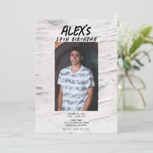 Rustieke witte berk trendy foto verjaardagsfeestje kaart (Staand voorkant)