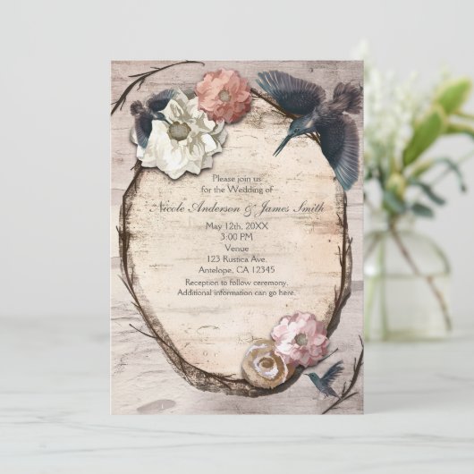 Rustieke witte berken bloem- en kolibrie-uitnodigi kaart (Staand voorkant)