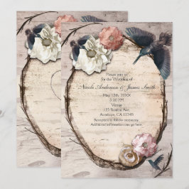 Rustieke witte berken bloem- en kolibrie-uitnodigi kaart