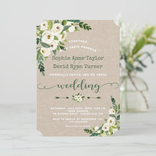 Rustieke witte bloem bloemetjes bruiloft met handg kaart (Staand voorkant)