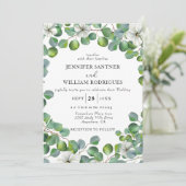 Rustieke witte bloem en eucalyptus bruiloft kaart (Staand voorkant)