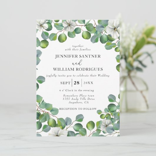 Rustieke witte bloem en eucalyptus bruiloft kaart (Staand voorkant)