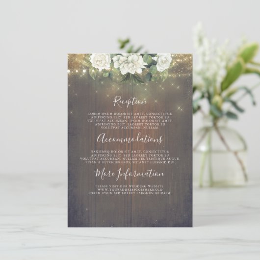 Rustieke witte bloemen bruiloft details informatie informatiekaartje (Staand voorkant)