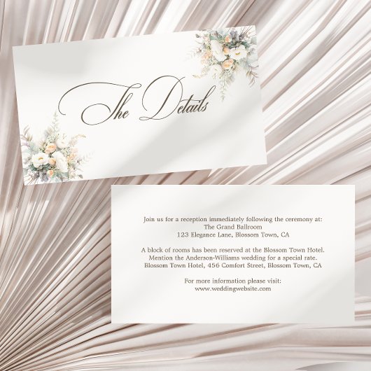Rustieke witte bloemen bruiloft details informatiekaartje