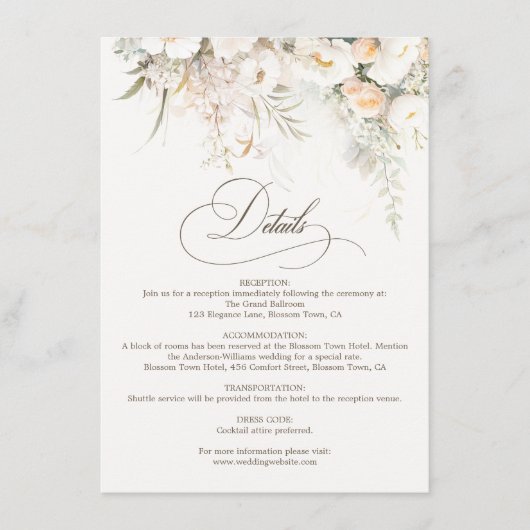 Rustieke witte bloemen bruiloft details informatiekaartje (Voorkant)