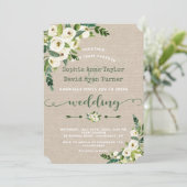 Rustieke Witte Bloemen Burlap Handschrift Huwelijk Kaart (Staand voorkant)
