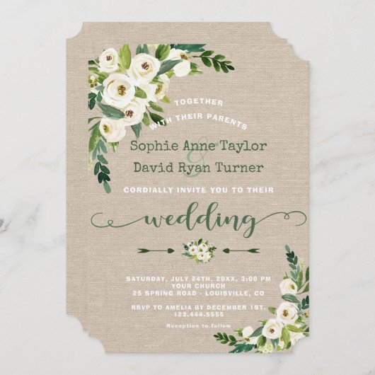 Rustieke Witte Bloemen Burlap Handschrift Huwelijk Kaart (Voorkant / Achterkant)