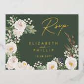 Rustieke Witte Bloemen Goud Groen RSVP Folie Uitnodiging Briefkaart (Voorkant)
