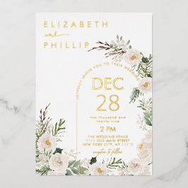 Rustieke witte bloemen gouden winter groen bruilof folie uitnodiging