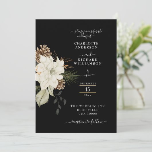 Rustieke witte bloemen met Pinecone Ion Zwart Kaart (Staand voorkant)