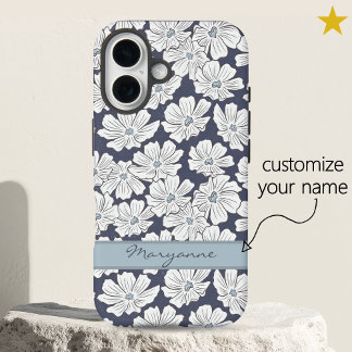 Rustieke witte bloemen schets blauwe tint aangepas iPhone 16 hoesje