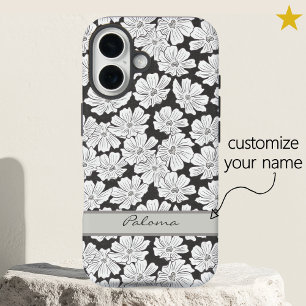 Rustieke witte bloemen schets zwart grijs aangepas iPhone 16 hoesje