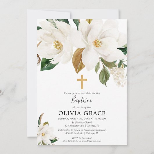 Rustieke witte bloemenmagnolia groen doop kaart (Voorkant)