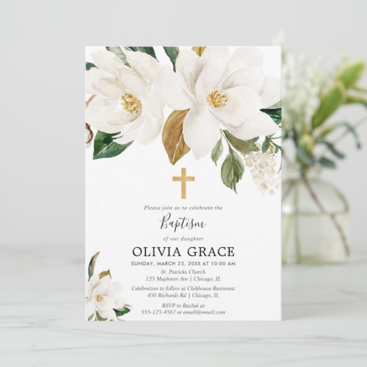 Rustieke witte bloemenmagnolia groen doop kaart (Staand voorkant)