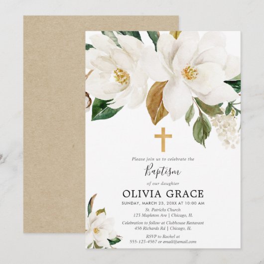 Rustieke witte bloemenmagnolia groen doop kaart (Voorkant / Achterkant)