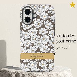 Rustieke witte bloemenschets geelgrijs aangepaste iPhone 16 hoesje