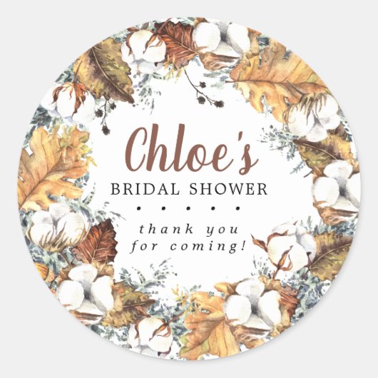 Rustieke Witte Bloemige Herfst Bruidsdouche Bedank Ronde Sticker (Voorkant)