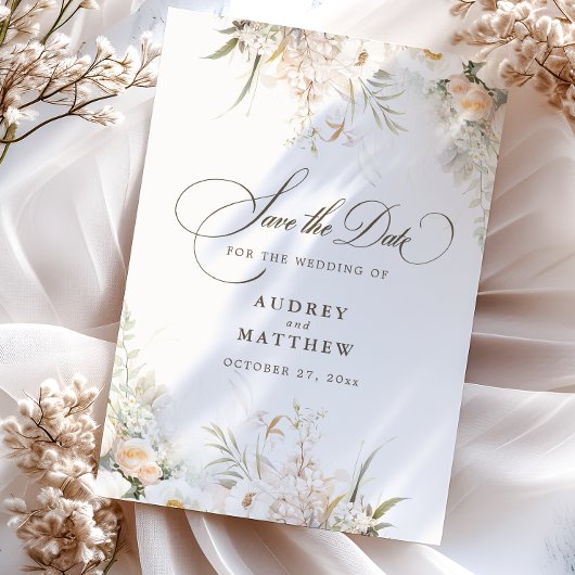 Rustieke witte blooms bruiloft opslaan van de datu aankondigingskaart