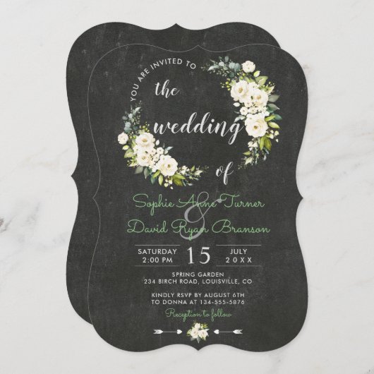 Rustieke witte crème bloemenkalkbordhuwelijk kaart (Voorkant / Achterkant)