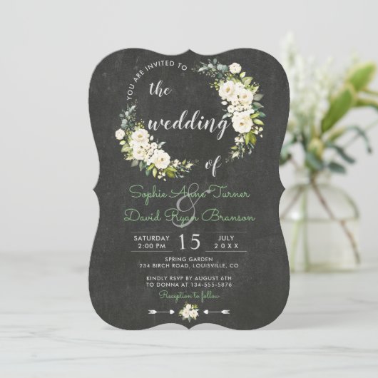 Rustieke witte crème bloemenkalkbordhuwelijk kaart (Staand voorkant)