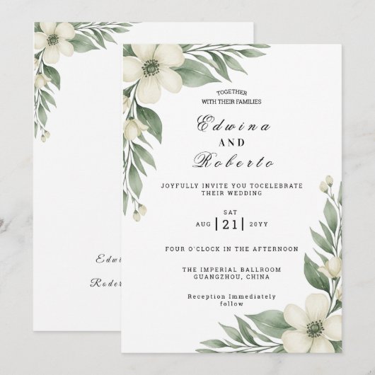 Rustieke witte gardenia en eucalyptus bruiloft kaart (Voorkant / Achterkant)