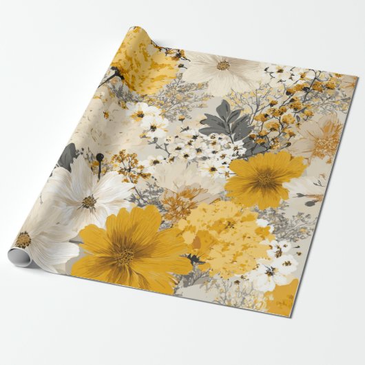 Rustieke witte gele botanische vintage bloem cadeaupapier (Uitgerold)