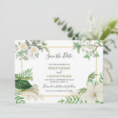 Rustieke witte groene waterverf bloem gouden bruil save the date (Staand voorkant)