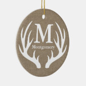 Rustieke witte herten gewei faux burlap familienaa keramisch ornament (Rechts)