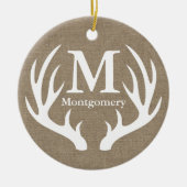 Rustieke witte herten gewei faux burlap familienaa keramisch ornament (Voorkant)