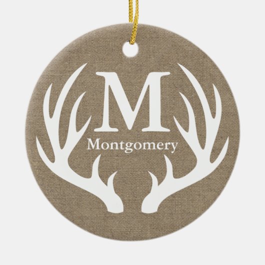 Rustieke witte herten gewei faux burlap familienaa keramisch ornament (Voorkant)