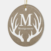 Rustieke witte herten gewei faux burlap familienaa keramisch ornament (Links)