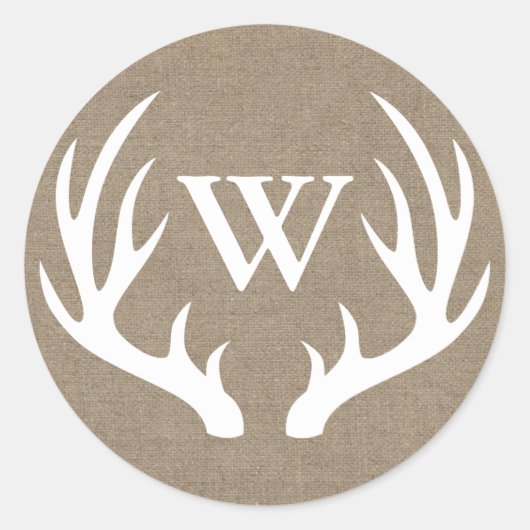 Rustieke witte herten gewei jute initiaal ronde sticker (Voorkant)